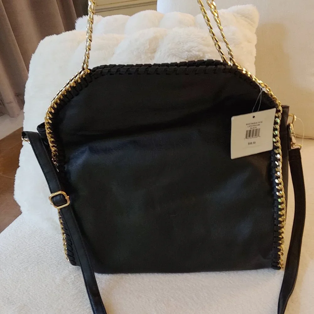 Designer Style Stella McCartney Style Crossbody Clutch Bag Black Gold Chain - Picture 10 of 15